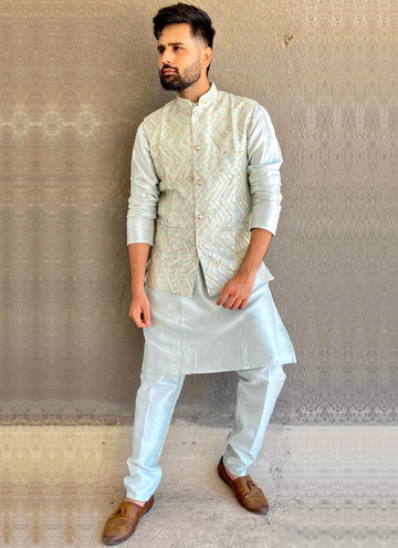 Banglory Silk Sky Blue Sequence Work Mens Koti Kurta